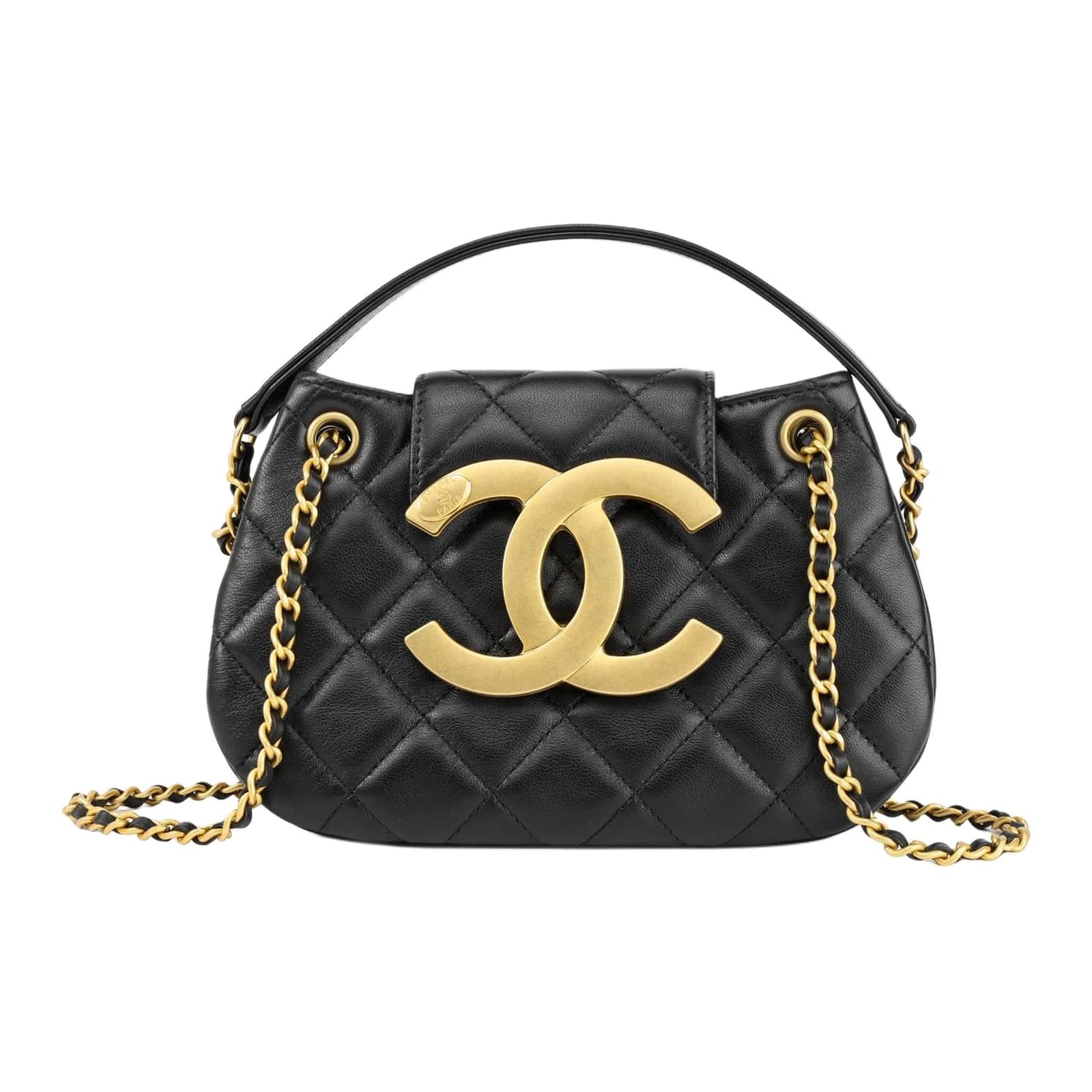 Чёрная стёганая сумка Chanel с крупной золотистой фурнитурой
